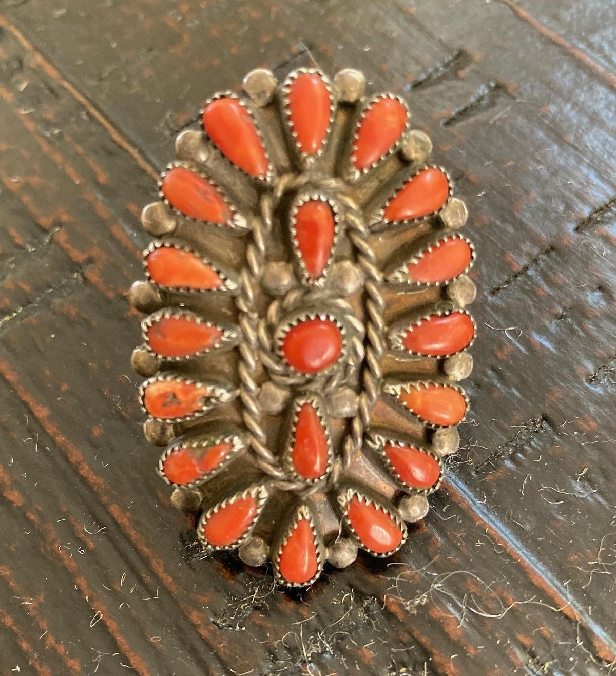 Vintage Zuni Spiny Oyster Cluster Ring, Petit Point Sterling Silver, Size 5