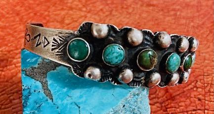 Fred Harvey Era IH Coin Silver Turquoise Cuff, Native American Trading Post Bracelet