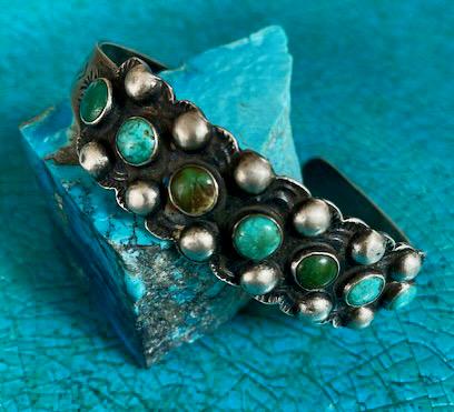 Fred Harvey Era IH Coin Silver Turquoise Cuff, Native American Trading Post Bracelet