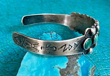 Fred Harvey Era IH Coin Silver Turquoise Cuff, Native American Trading Post Bracelet