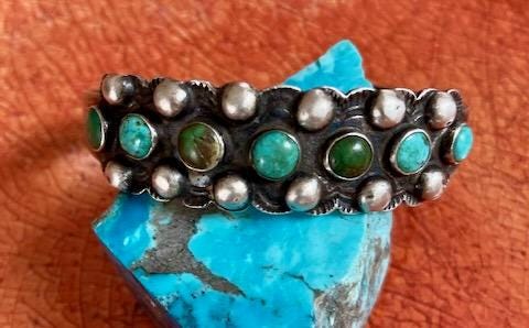Fred Harvey Era IH Coin Silver Turquoise Cuff, Native American Trading Post Bracelet