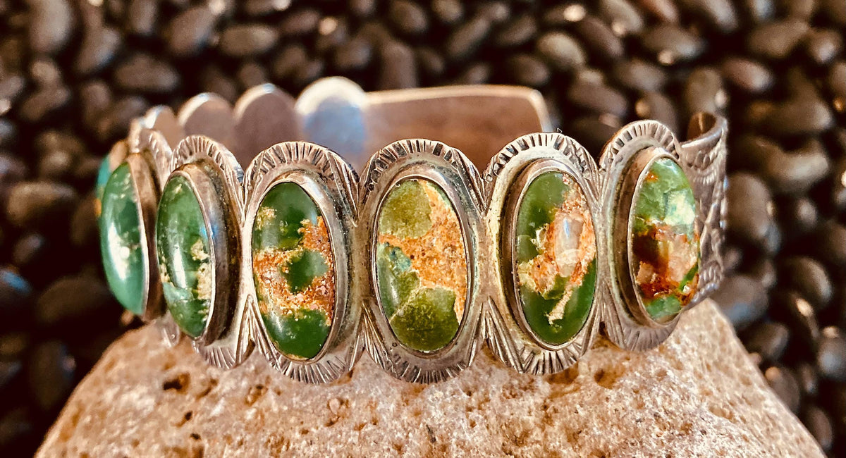 Vintage Fred Harvey Era Native American Turquoise Cuff, 11 Stone Sterling Silver Bracelet