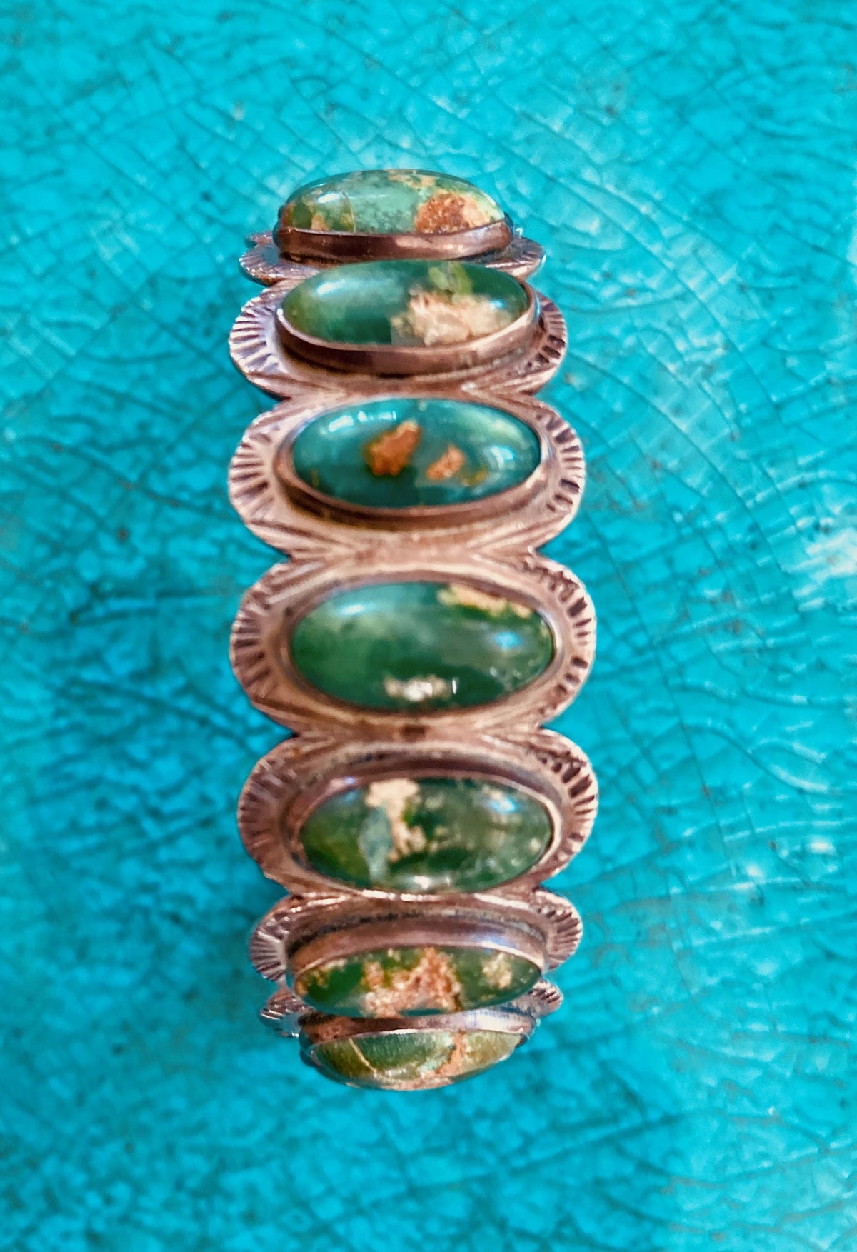Vintage Fred Harvey Era Native American Turquoise Cuff, 11 Stone Sterling Silver Bracelet