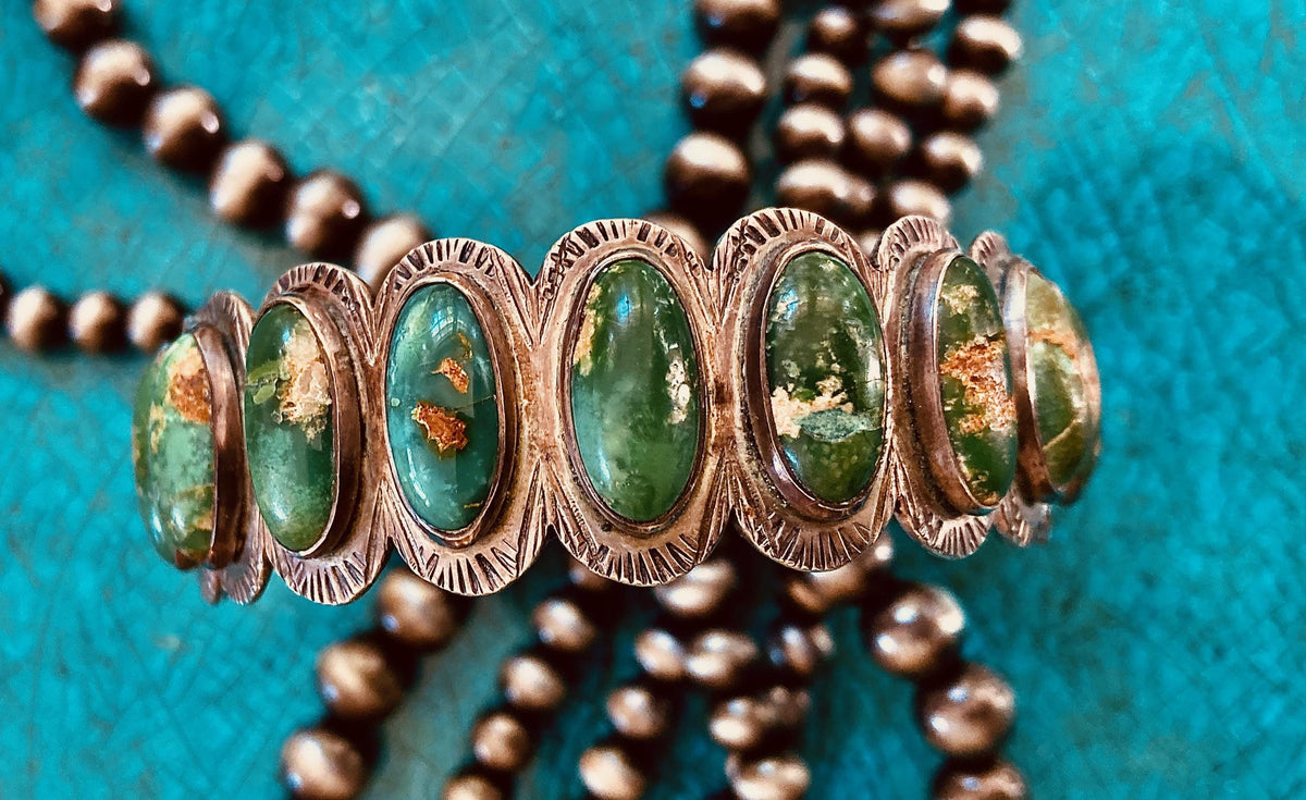 Vintage Fred Harvey Era Native American Turquoise Cuff, 11 Stone Sterling Silver Bracelet