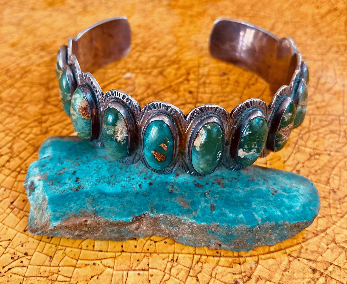 Vintage Fred Harvey Era Native American Turquoise Cuff, 11 Stone Sterling Silver Bracelet