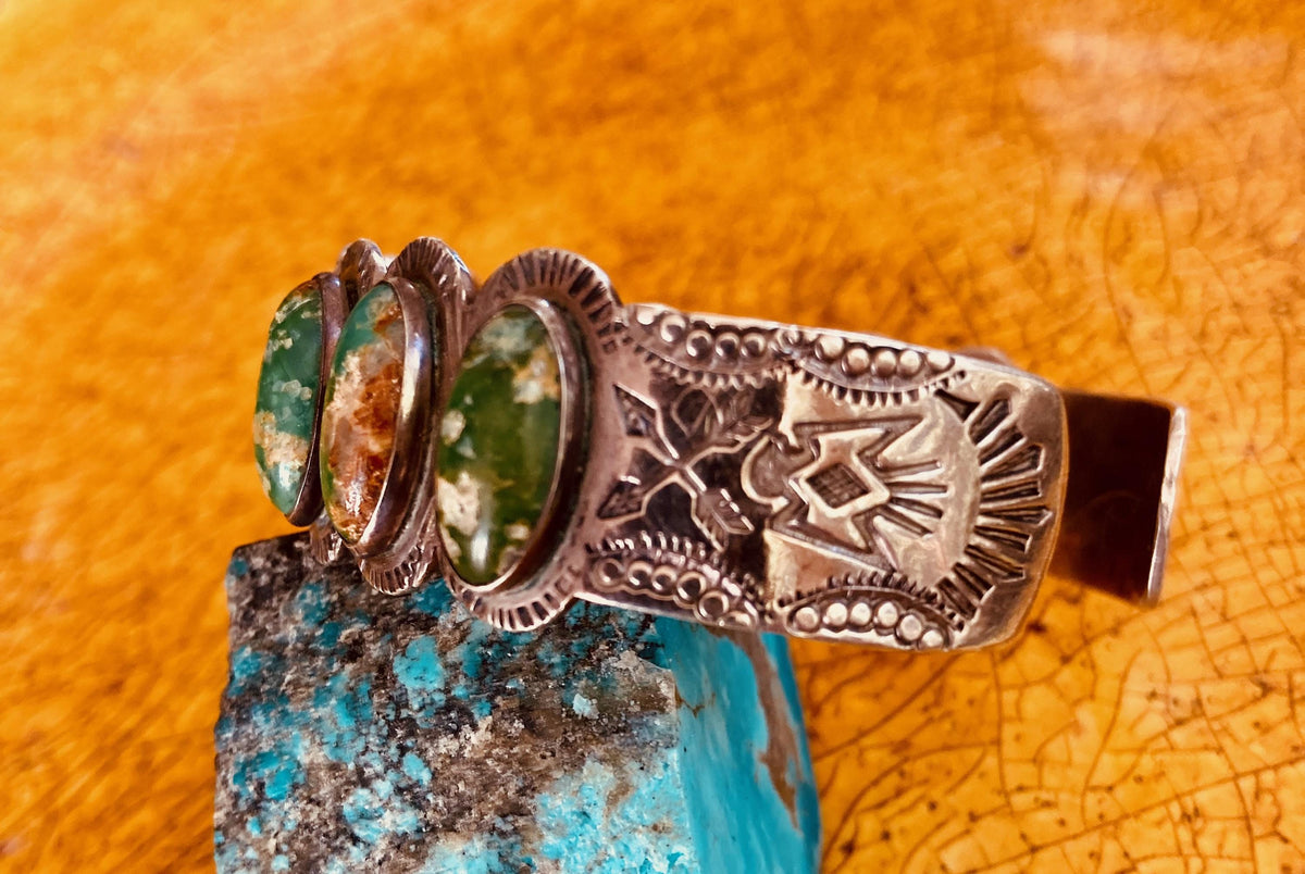 Vintage Fred Harvey Era Native American Turquoise Cuff, 11 Stone Sterling Silver Bracelet