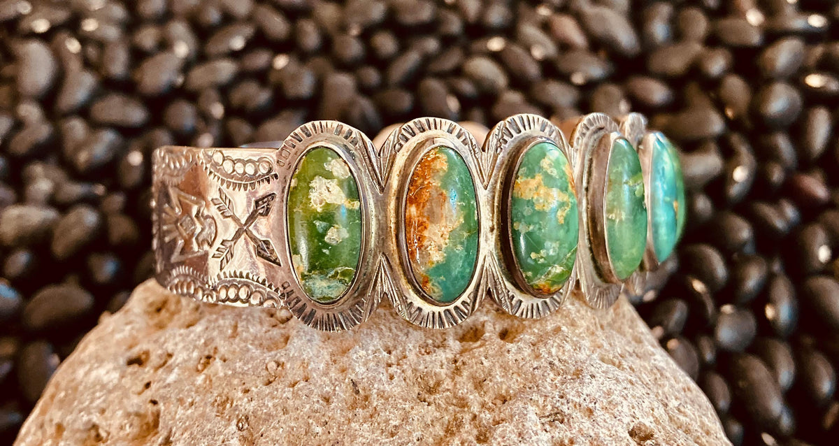 Vintage Fred Harvey Era Native American Turquoise Cuff, 11 Stone Sterling Silver Bracelet