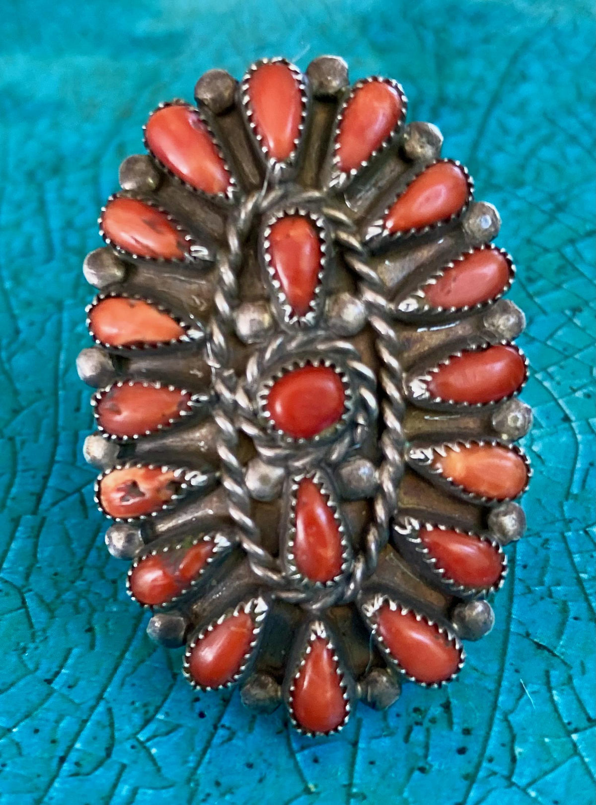 Vintage Zuni Spiny Oyster Cluster Ring, Petit Point Sterling Silver, Size 5