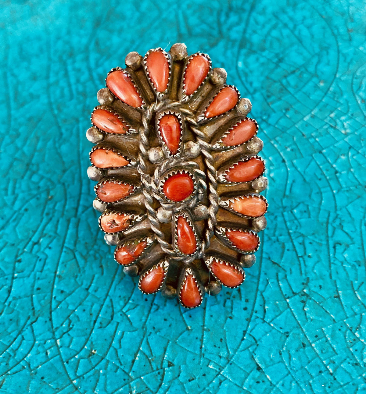 Vintage Zuni Spiny Oyster Cluster Ring, Petit Point Sterling Silver, Size 5