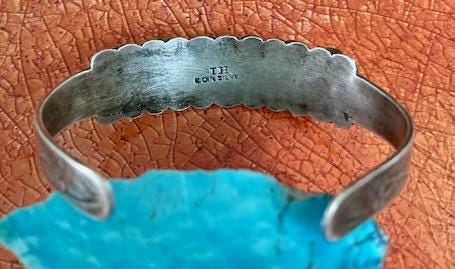 Fred Harvey Era IH Coin Silver Turquoise Cuff, Native American Trading Post Bracelet