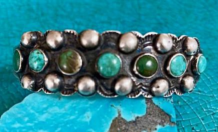 Fred Harvey Era IH Coin Silver Turquoise Cuff, Native American Trading Post Bracelet