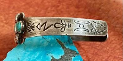 Fred Harvey Era IH Coin Silver Turquoise Cuff, Native American Trading Post Bracelet