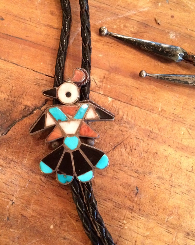 Vintage Zuni Sterling Silver Thunderbird Inlay Bolo Tie | Turquoise, Coral, Jet & Shell | Native American Jewelry