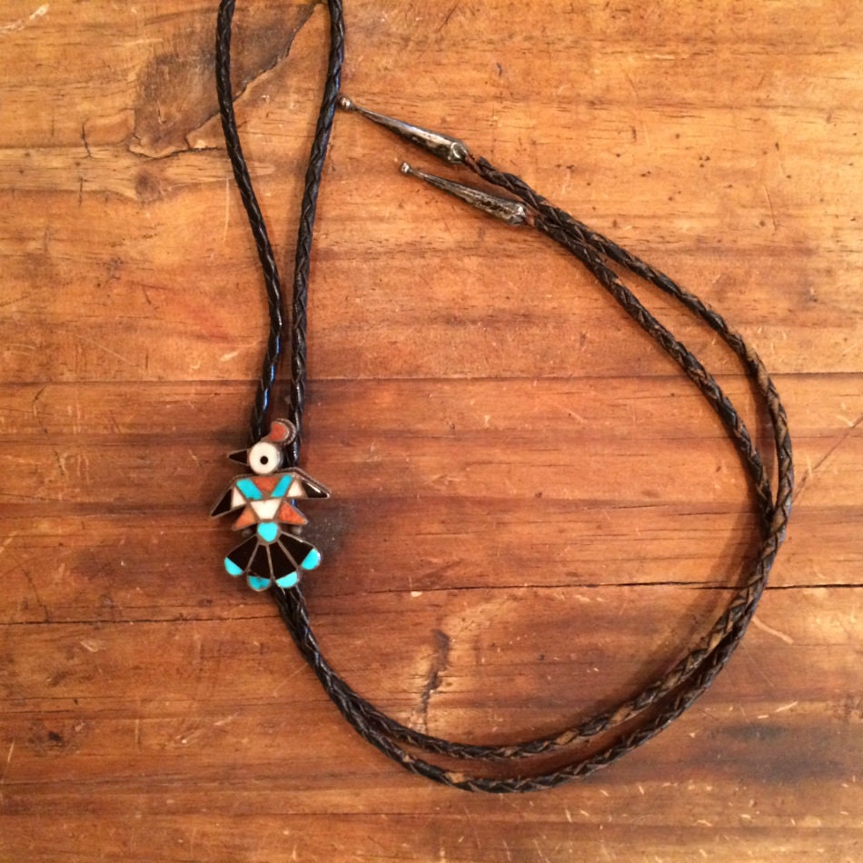 Vintage Zuni Sterling Silver Thunderbird Inlay Bolo Tie | Turquoise, Coral, Jet & Shell | Native American Jewelry