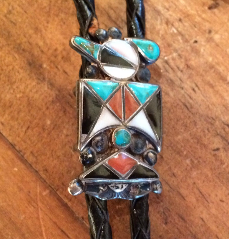 Vintage Native American Thunderbird Inlay Bolo Tie | Sterling Silver Turquoise Multi-Stone Southwestern Jewelry