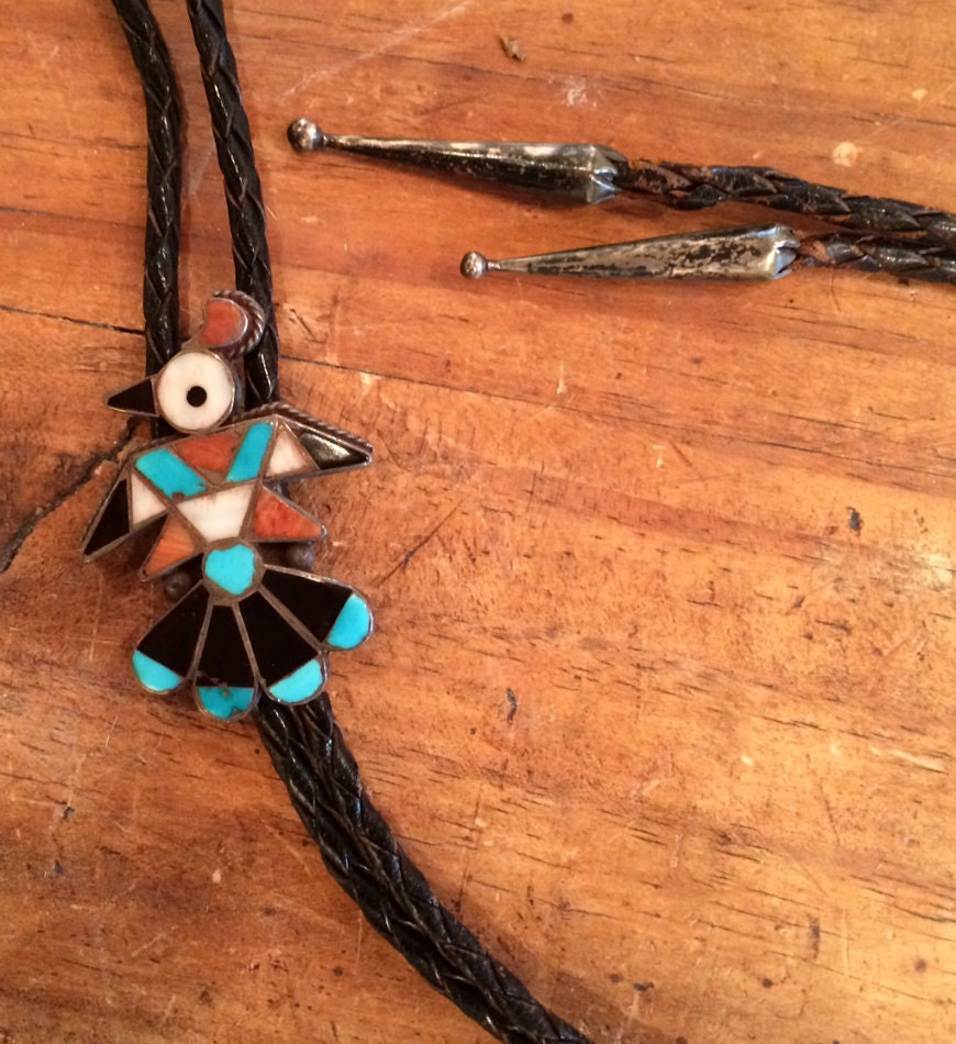 Vintage Zuni Sterling Silver Thunderbird Inlay Bolo Tie | Turquoise, Coral, Jet & Shell | Native American Jewelry