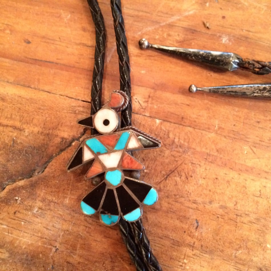 Vintage Zuni Sterling Silver Thunderbird Inlay Bolo Tie | Turquoise, Coral, Jet & Shell | Native American Jewelry