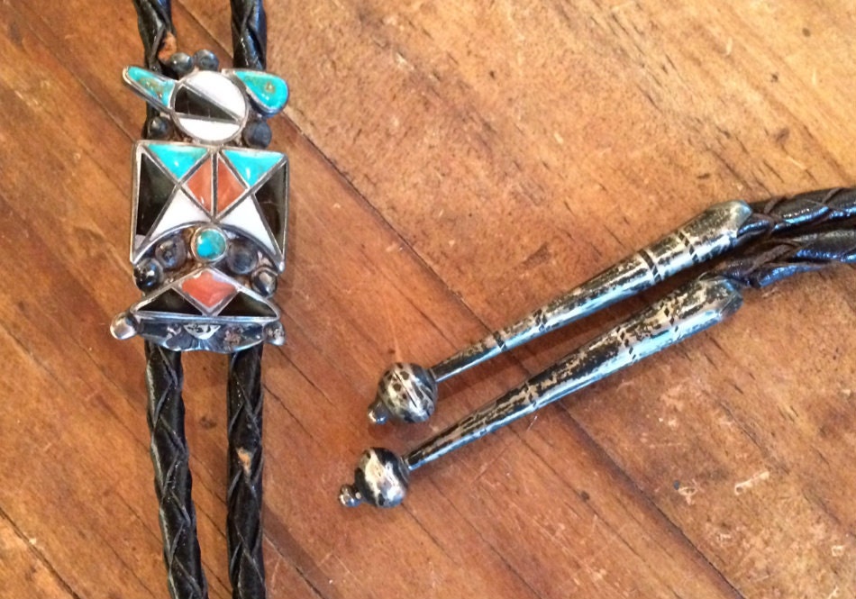 Vintage Native American Thunderbird Inlay Bolo Tie | Sterling Silver Turquoise Multi-Stone Southwestern Jewelry