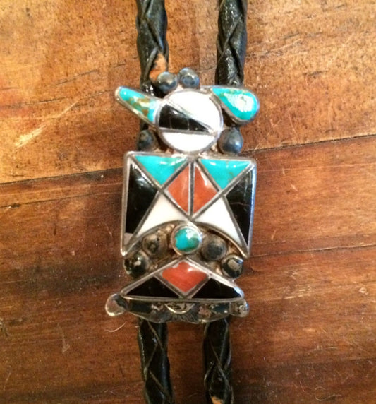 Vintage Native American Thunderbird Inlay Bolo Tie | Sterling Silver Turquoise Multi-Stone Southwestern Jewelry